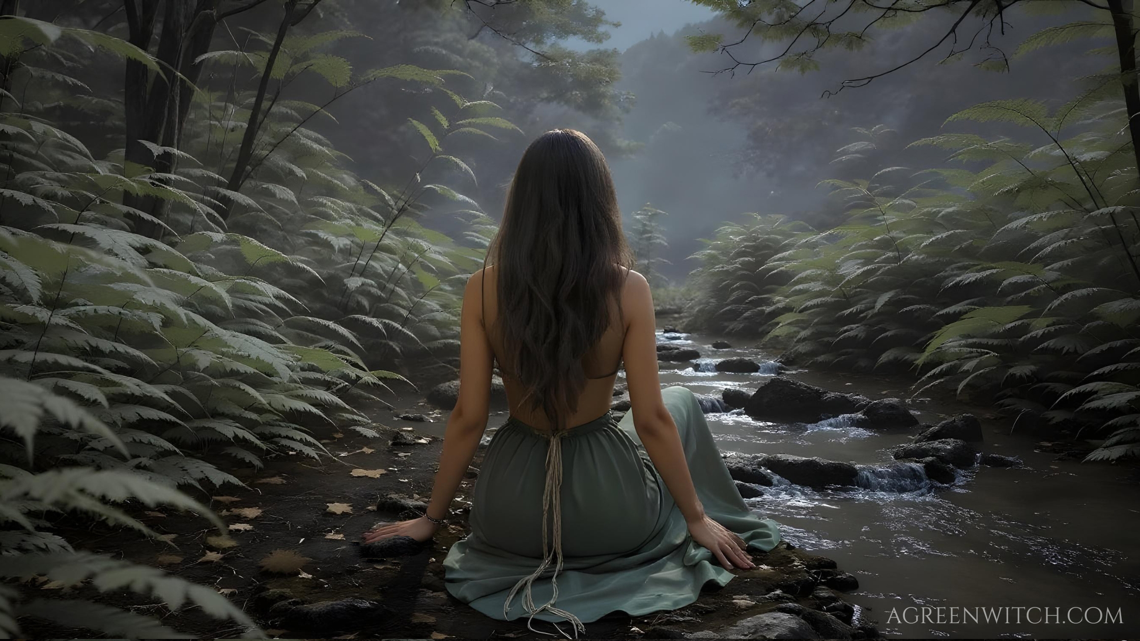 A Green Witch Forest Whisperer Sitting by Stream A Green Witch Forest Whisperer Sitting by Stream
