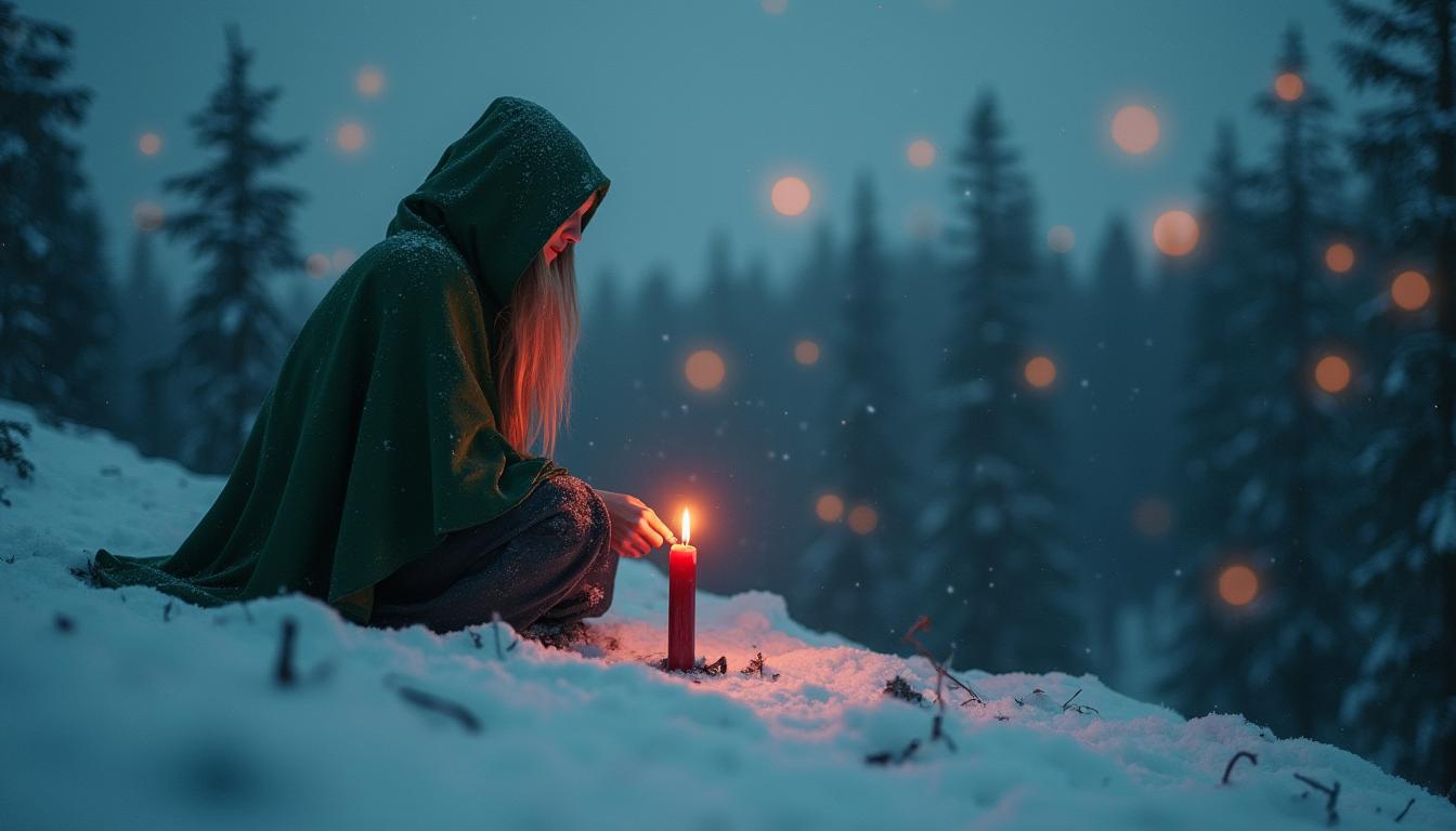 Yule Winter Solstice Green Witch Rituals Lighting Candle in Snow