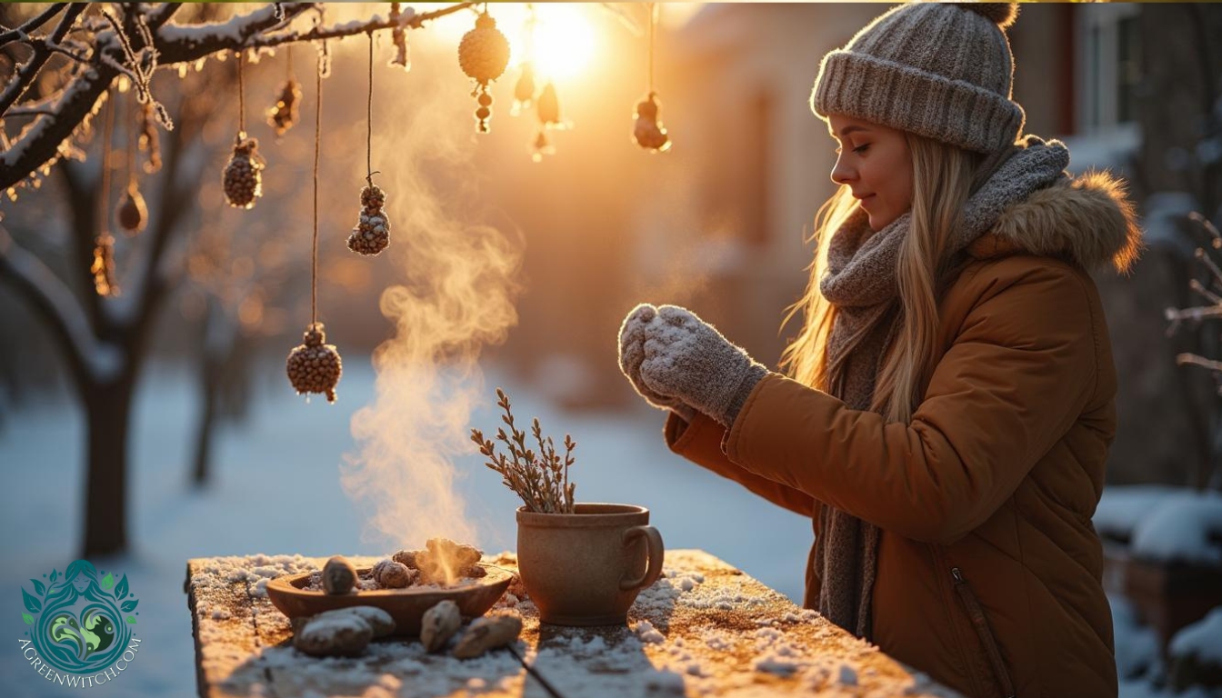 Gardening by the Wheel of the Year Winter Solstic Woman Hanging Bird Seed Ornaments Yule 