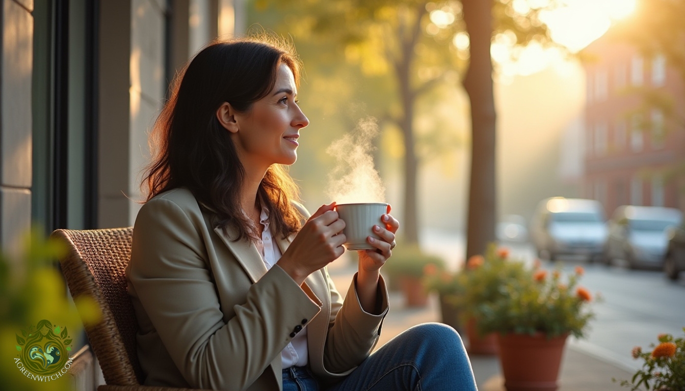 Rewilding for Spiritual Growth Practical daily rituals Woman drinking coffee outside before work.