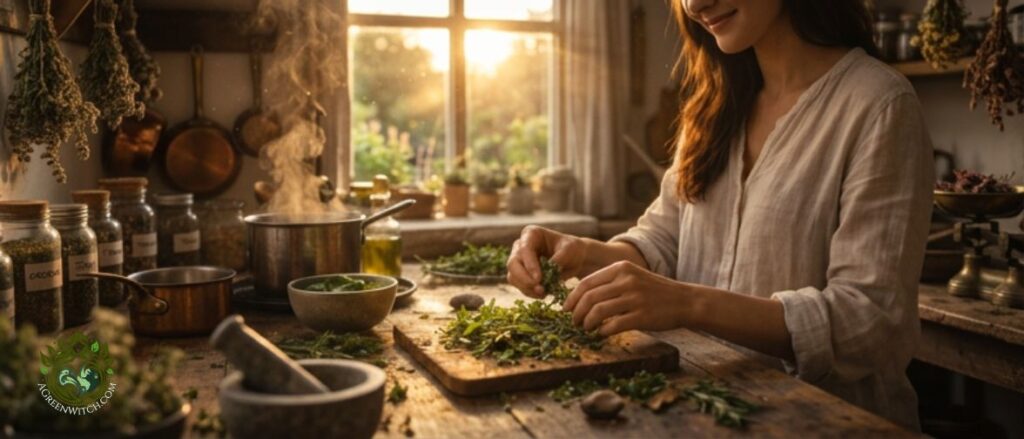 5 minute daily rituals for a Green Witch depicted by woman processing her gathered herbs