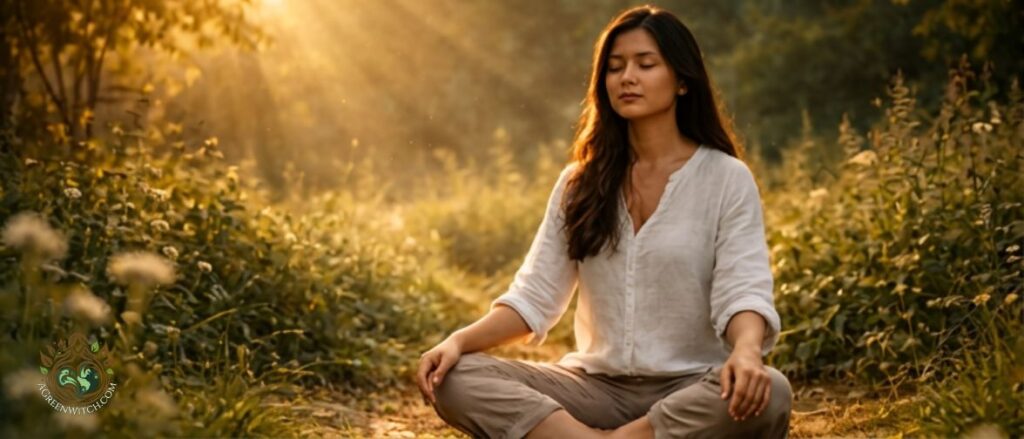 5 minute daily rituals for a Green Witch depicted by woman enjoying evening sun outdoors