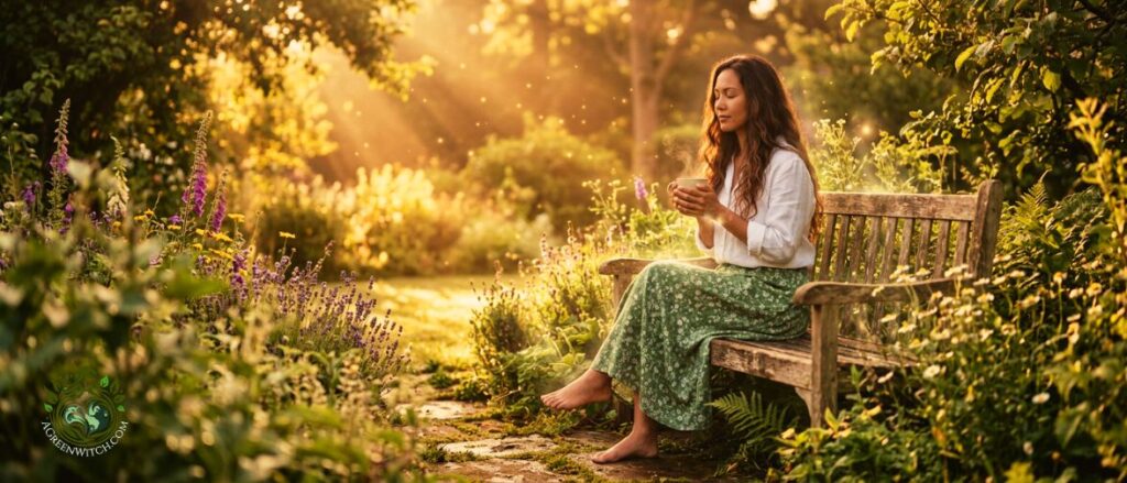 5 minute daily rituals for a Green Witch depicted by woman having moment in morning garden