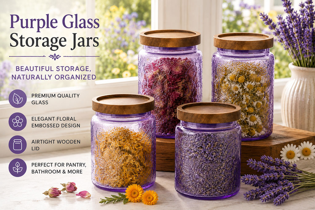 Lavender colored storage jars