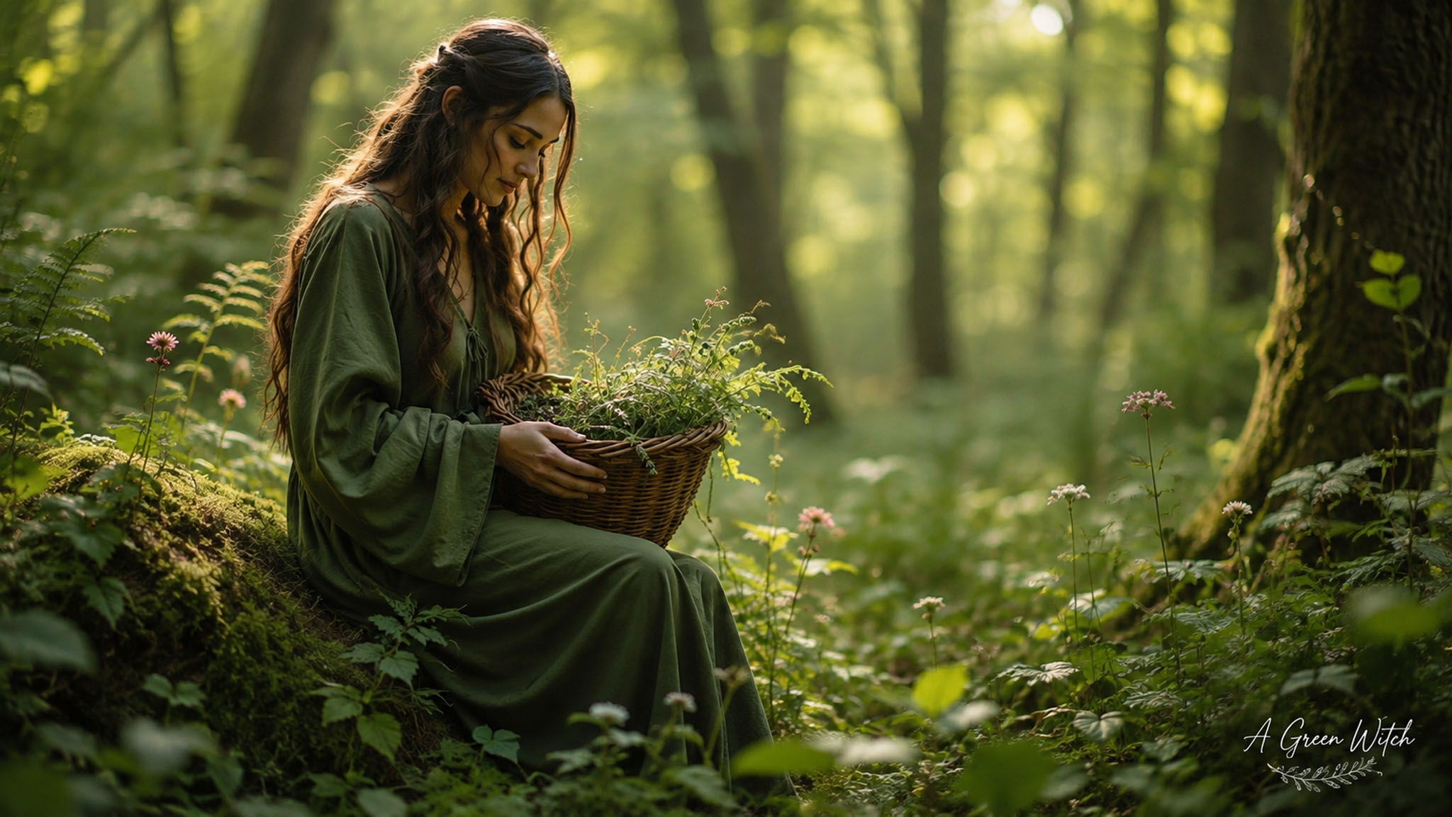 A Green Witch Gathering in the Forest